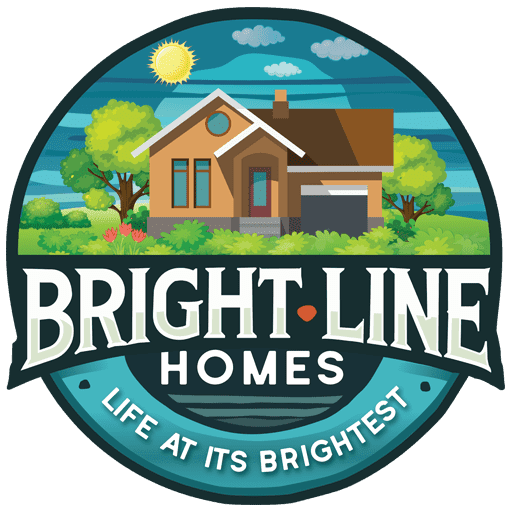 A logo for "Bright Line Homes" with an illustration of a house, trees, and bushes under a sunny sky. The slogan reads, "Life at its brightest.